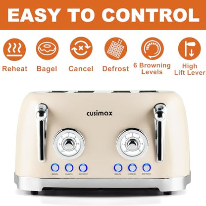 CUSIMAX Toaster 4 Slice, Retro Toaster with Wide Slots for Bagels, Cream - color: Cream