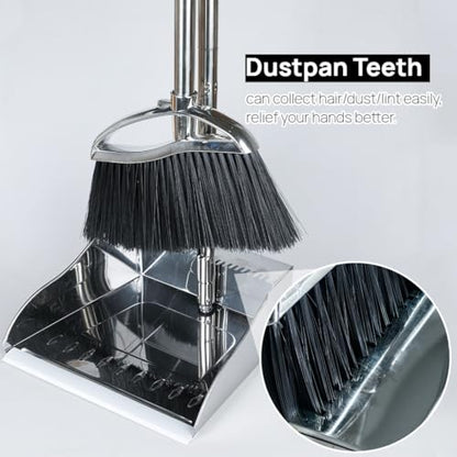 Indoor Broom and Dustpan Comb Set,Heavy Duty Stainless Steel Metal Dust Pan with Long Handle Sweeping Soft Bristles Broom for Floor Home Lobby Office - style: Indoor Broom and Dustpan