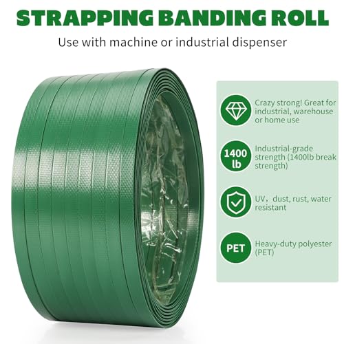 Heavy Duty Packaging Strapping Banding Roll - Green Polyester PET Industrial-Grade, 850' x 5/8" x 0.035" Pallet Strap Coil - 1400 lbs Break Strength Packaging Strapping Banding for Packing - color: Green, size: S, style: Strapping Banding Roll