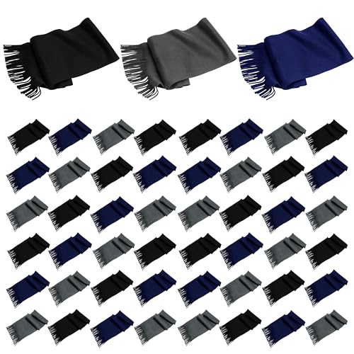 48 Pack Winter Scarves, Warm Winter Fleece Scarf Bulk Wholesale Donation Unisex Men Women - color: Assorted Black/Navy/Gray