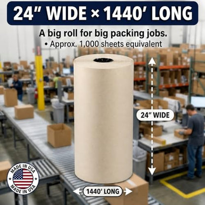 BOX USA White Newsprint Paper Roll 24x17280" (1440'), Recycled for Packing - size: 24"