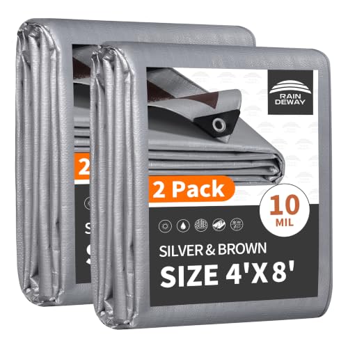RAINDEWAY 4x8 Feet(2 Pack) Tarps Heavy Duty Waterproof,10Mil Small Tarp - color: Silver/Brown, size: 4x8 Feet (2 Pack)-Finished size