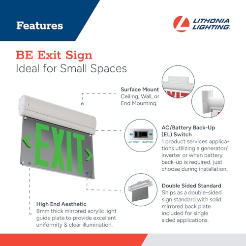 Lithonia Lighting Basics Edge-lit LED Exit Sign with Green Letters, Surface Mount Emergency Exit Only Sign, Ni-Cad Battery Backup (BE W G SM M6) - size: 1-Pack | Green Letters, style: Surface Mount