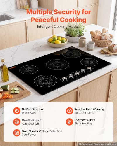 VEVOR 30 Inch Induction Cooktop 5 Burners,Built-in Electric Stove Top,Knob Control, Ceramic Glass Surface,Low-Power Continuous Heating,11 Power Levels, Child Lock,9200W,220V No Plug - size: 30IN -knob control