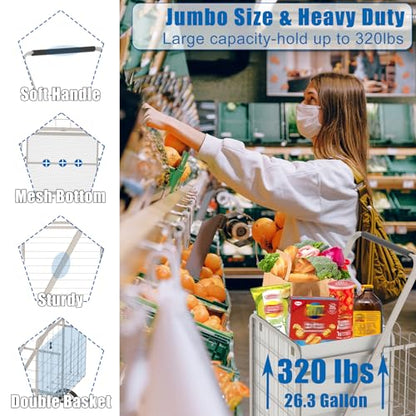 Shopping Cart for Groceries, 320lbs Jumbo Grocery Carts with Waterproof Bag