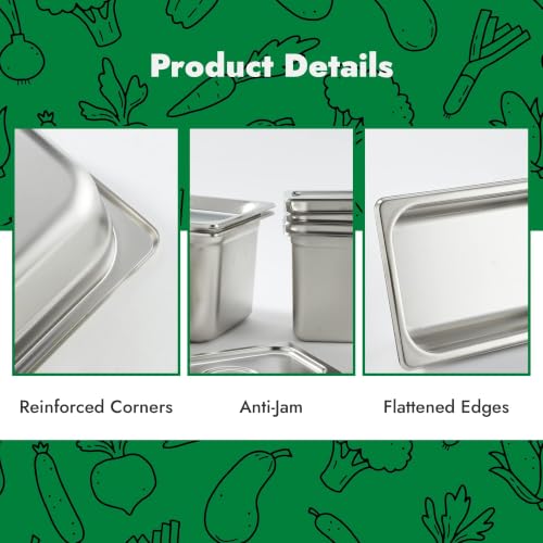 HECMAC 6 Pack Anti-Jam Hotel Pans, 1/3 Size 4 Inch Deep, Commercial Stainless Steel Chafing Steam Table Pan, Catering Storage Metal Food Pan, 23 Gauge - size: 1/3 Size, 4" Deep