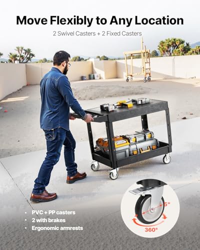 VEVOR Utility Cart, 550 lbs Load Capacity, 37 x 25.4-inch Service Cart, Two-Shelf Heavy Duty Plastic Utility Cart with 360° Swivel Wheels (2 with Brakes), Suitable for Warehouse, Garage, Cleaning - style: 550 LBS-Large