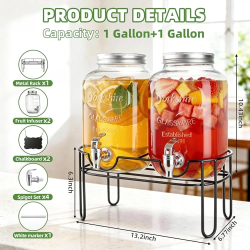 1 Gallon Glass Drink Dispensers For Parties, 2 Pack Beverage Dispenser，Lemonade Dispenser With Fruit Infuser And Stand For BBQ, Picnic, Party,Sun Tea