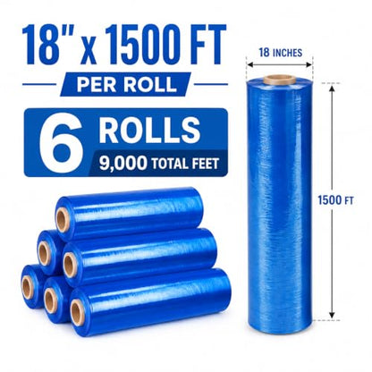 18" Stretch Wrap Film, 1500 ft, 80 Gauge (20 Micron), 7-Layer Clear Pallet Wrap, Up to 80% Stretch, Self-Adhering Heavy-Duty Moving & Packing Film, 6 Rolls (Blue, 18 inch x 1500 feet) - color: Blue, size: 18 in x 1500 ft - 6 Rolls