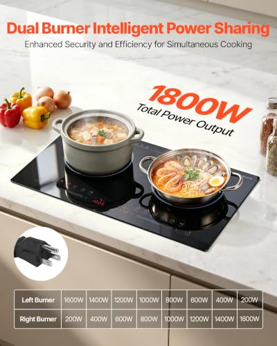 VEVOR 24in 2-Burner Electric Cooktop Built-in Stove Top, Touch Control, 9 Levels, Timer, Child Lock, Single-Ring Ceramic, Portable/Built-in, 110V 1800W US Plug - size: 24 IN+2 Burner+Touch