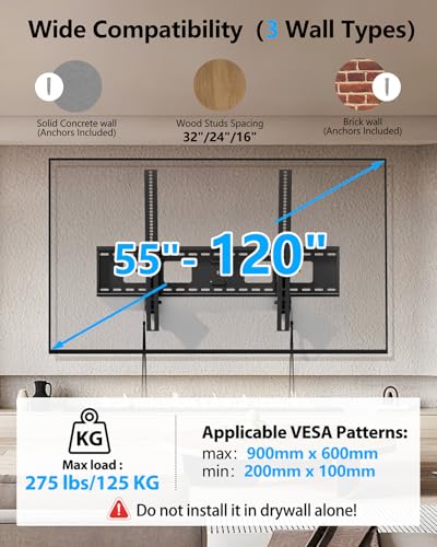 FORGING MOUNT Heavy Duty Tilting TV Wall Mount for Large TVs 47-120 Inch, Tool-Free Tilt Low Profile TV Mount,3-Stud Wall Mount Universal Bracket,VESA 900x600, Holds 275lbs, Fits 16/18/24/32" Studs - size: Fits 47-120" TVs / Max 900x600mm Tilt