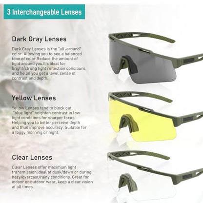 Tactical Eyewear Anti Fog, ANSI Z87.1 Sports Glasses with 3 Interchangeable Lens UV400 Protection Airsoft Goggle - color: Green Frame