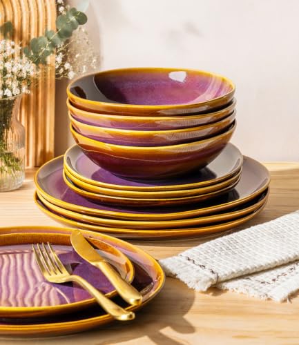 TheTerra Ceramic Dinnerware Set for 4, 12-Piece Plates and Bowls Set - color: Amber Amethyst