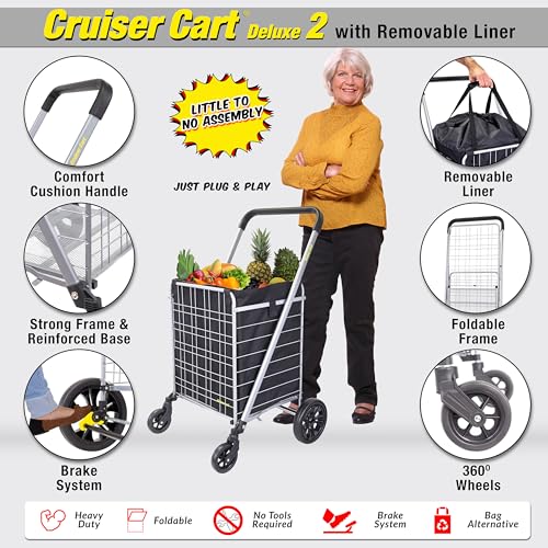dbest Products Cruiser Cart Deluxe 2 with Liner Bag Bundle Shopping Grocery Rolling Folding Laundry Basket on Wheels Foldable Utility Trolley Compact Lightweight Collapsible - color: Silver, style: Deluxe 2 Bundle