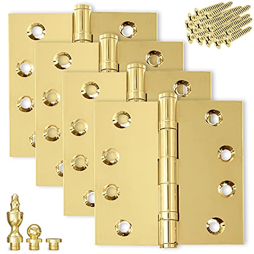 Solid Brass Door Hinge Heavy Duty Ball Bearing Polished Tarnish Aged Patina Gold 4x4 Inch with Decorative Tips - Set of 4 Hinges (Non Lacquered Brass) - color: Unlacquered Brass
