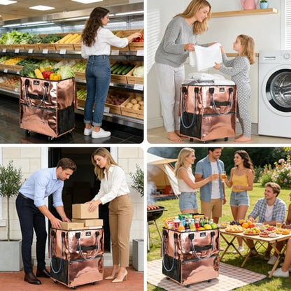 Reusable Grocery Bag on Wheels, Foldable Rolling Tote Bag with 6 Pockets - color: Rose Gold, size: Small