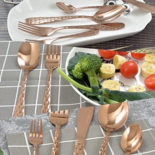 Hammered Silverware Set 20-Piece, 18/10 Stainless Steel Flatware Cutlery Silverware Set Service for 4, Unique Design Knife Fork Spoon Silverware Set, Mirror Polished,Dishwasher Safe (Rose Gold) - color: Rose Gold