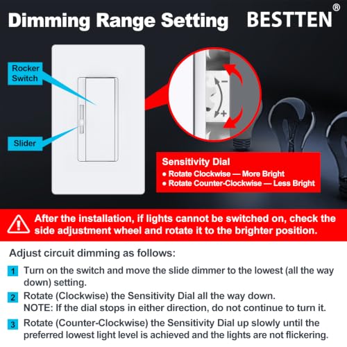 BESTTEN 3 Pack Slide Dimmer Light Switch, Single Pole or 3 Way, White
