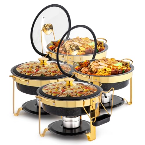ROVSUN 6QT Chafing Dishes for Buffet 4 Pack, [Game Changer Maifanite-Coated] Chafing Dish Buffet Set, [Unique Black & Gold Color] Chafers and Buffet Warmers Sets with Lid Holder for Party Wedding - color: Black-gold