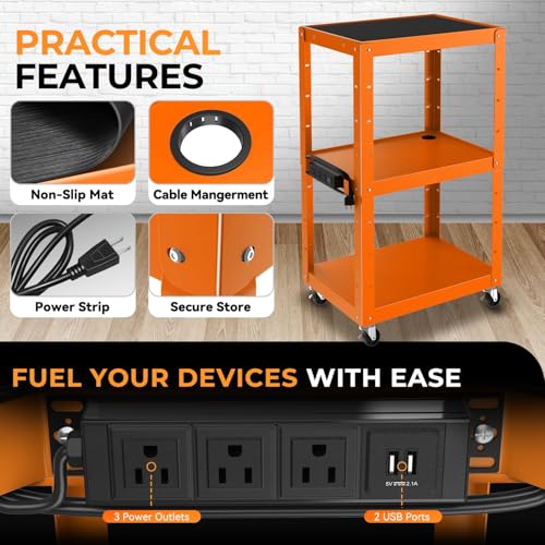 Auto Dynasty Adjustable AV Cart w/Power Strip, 4 ft Rolling Stand, Orange - color: Orange