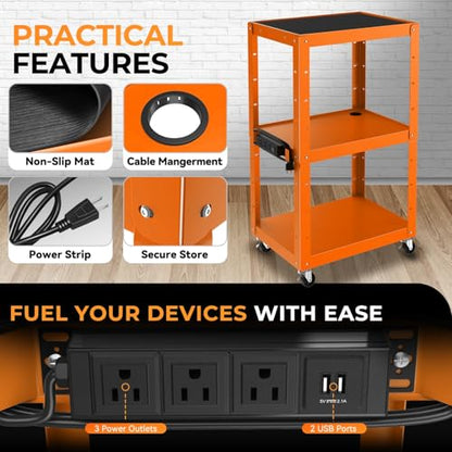 Auto Dynasty Adjustable AV Cart w/Power Strip, 4 ft Rolling Stand, Orange - color: Orange