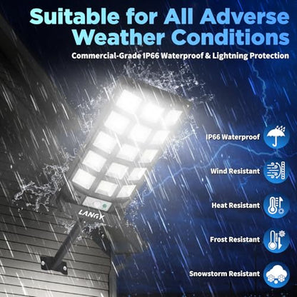 LANGY Solar Street Lights Outdoor 4 Pack, 30000LM 6500K Motion Sensor Dusk to Dawn, IP66 Waterproof LED Flood Security Lights with Remote Control for Parking Lot, Driveway, Garden, Yard - size: 4PACK 30000LM