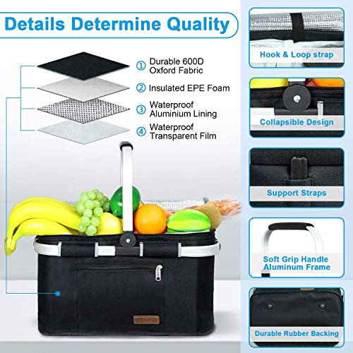 LIQING 35L Large Picnic Basket 2 Layers of Internal Pockets Leak-Proof and Insulated ，Folding with Internal Support for enhansed Stability, Wedding Gifts for Couple(Black) - color: Black