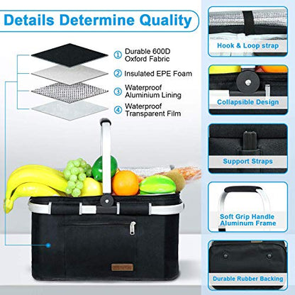 LIQING 35L Large Picnic Basket 2 Layers of Internal Pockets Leak-Proof and Insulated ，Folding with Internal Support for enhansed Stability, Wedding Gifts for Couple(Black) - color: Black