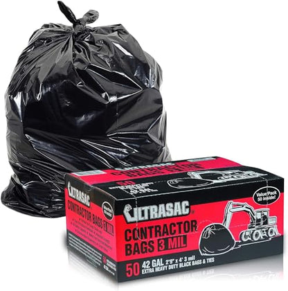 Ultrasac Heavy Duty Contractor Bags (VALUE 50 PACK/w TIES), 42 Gallon, 32.75" X 47" - 3 MIL Thick Large Black Industrial Garbage Trashbags for Construction and Commercial use - size: 1 Count (Pack of 50)