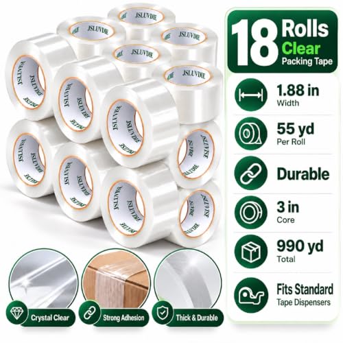 Heavy Duty Clear Packing Tape, 18 Rolls, 1.88 in x 55 Yd