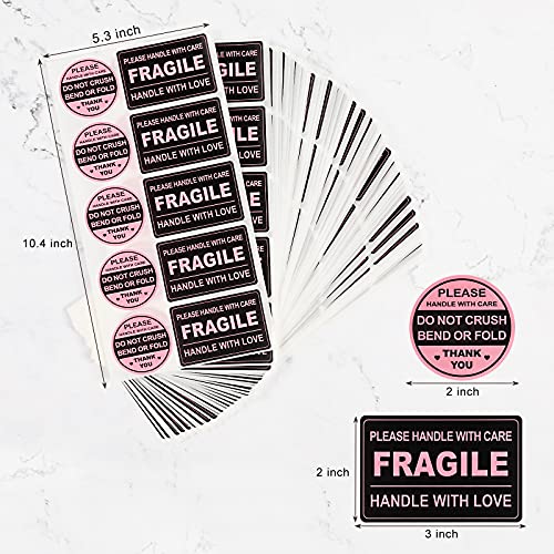 300 PCS Fragile Stickers(Rectangular,3x2),with 300 PCS Do Not Crush Bend or Fold Labels Stickers(Round,2"),Adhesive Warning Labels for Shipping Cartons Envelops Mailing(Black Pink) - color: Black-pink