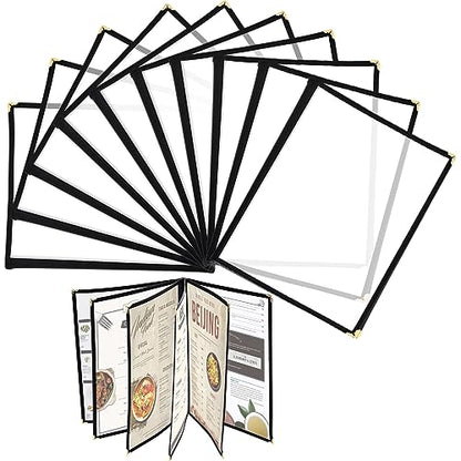 10 Pack Menu Covers 6 Page 12 View, 8.26 x 11.69 Inches Transparent Restaurant Recipe Menu Covers Menu Holder with Leatherette Trim & Metal Corners for Bar Cafe Restaurant