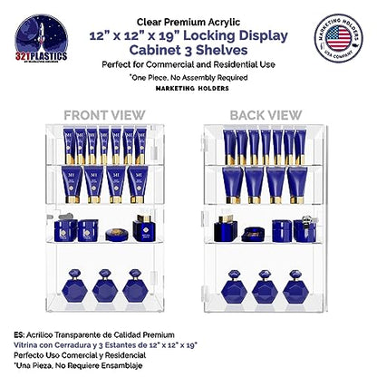 Marketing Holders Acrylic Locking Vertical Cabinet with Keys 12" x 12" x 19" Clear Countertop Lucite Hinged Swing Door Locker for Retail Products and Convenience Stores Merchandise - size: 12"W x 12"D x 19"H