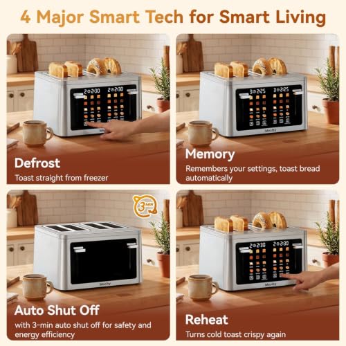 Mecity 4 Slice Touchscreen Toaster, 6 Bread Modes & 6 Browning Levels, Dual Touch Control Wide Slot Stainless Steel Electric Toaster with Memory, Defrost, 3-Min Auto Shutoff for White, Bagels, Waffles - color: 4 Slot-Brushed stainless steel