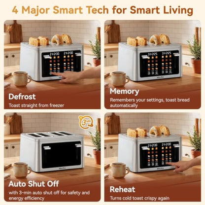 Mecity 4 Slice Touchscreen Toaster, 6 Bread Modes & 6 Browning Levels, Dual Touch Control Wide Slot Stainless Steel Electric Toaster with Memory, Defrost, 3-Min Auto Shutoff for White, Bagels, Waffles - color: 4 Slot-Brushed stainless steel