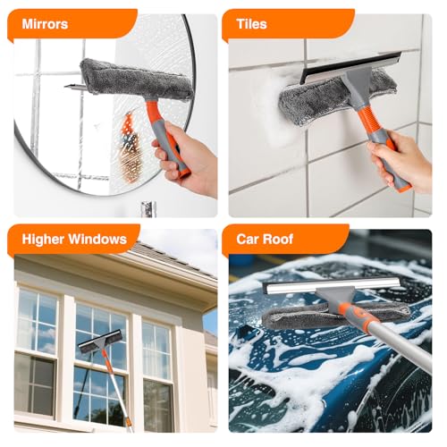 LOMIDA 2-in-1 Window Squeegee Cleaner with 62" Window Cleaning Tool Kit with Extension Pole, Bendable Head for Extra Force, Window Washing Equipment Car/Glass/Shower (2 Fiber Pads)