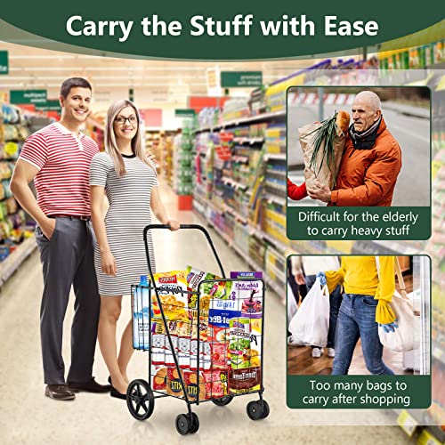 Goplus Jumbo Folding Shopping Cart with Rolling Swivel Wheels, Foldable Grocery Cart on Wheels with Double Basket, Heavy Duty Utility Cart, Shopping Carts for Groceries Laundry Book Luggage Travel - color: Black, size: 24"D x 23"W x 40"H