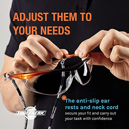 ToolFreak Safety Glasses, Wraparound Lens, ANSI z87.1, Impact Protection, U6 UV, Neck Cord and Microfibre Pouch,(Agent) - style: Clear Lens, Neck Cord + Hard Case