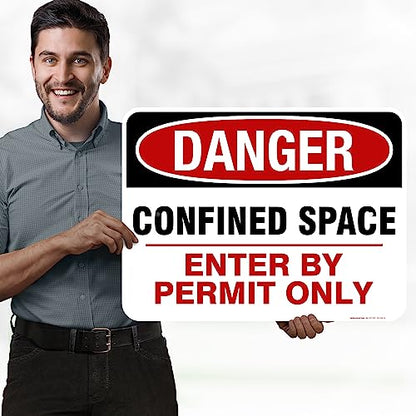 Danger Confined Space Enter By Permit Only Sign, 18x24 Inches, Rust Free - size: 18x24 - Aluminum
