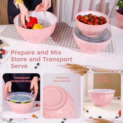 BoxedHome Mixing Bowls with Lids Set, 8 pieces Large 0.2” Thick Plastic Nesting Mixing Bowl, Microwave Safe,Size 5.92, 4.12,3.06,1.80 Quart, Pink - color: 8 PK Pink