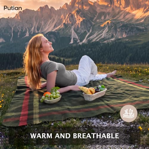 PuTian 100% Wool Blanket - Camping Outdoor Blanket, Plaid Army Green - color: Plaid Pattern Army Green, size: 63" × 87"