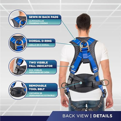 Palmer Safety Hammerhead 5pt Safety Harness Back Padded, QCB Chest, Tongue Buckel Legs Straps, Back & Side D-Rings - color: Blue, size: 3X-Large