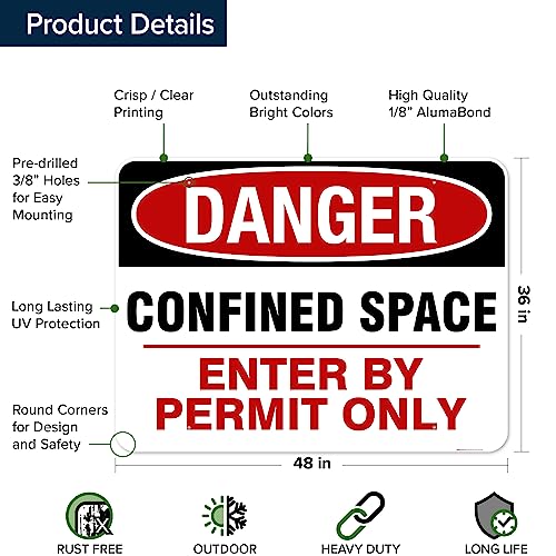 Danger Confined Space Enter By Permit Only Sign, 36x48 Inches, Rust Free - size: 36x48 - DiBound