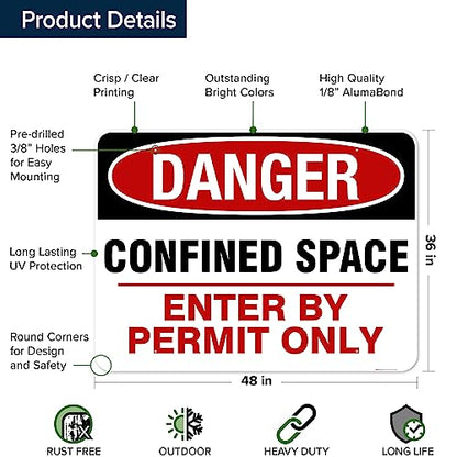 Danger Confined Space Enter By Permit Only Sign, 36x48 Inches, Rust Free - size: 36x48 - DiBound