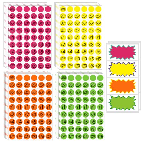Yard Sale Price Stickers Garage Sale Pre-Priced Price Tag Labels, 2160 PCS 3/4" Diameter and 20 Large Stickers Flea Market Pre-Printed Pricing Sticker for Retail - color: 4 Colors, size: 0.75 inch-permanent