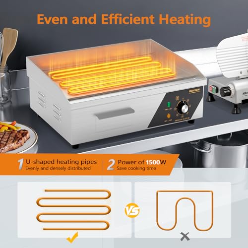 ROVSUN 18" Electric Countertop Flat Top Griddle, 1500W Electric Griddle, Teppanyaki Grill Stainless Steel with Adjustable Temperature Control 122°F-572°F for Commercial Home Restaurant, Plug - size: 18"