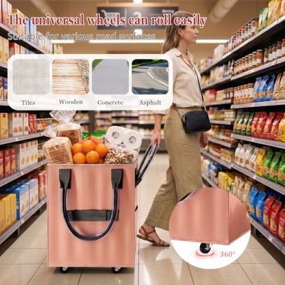 Reusable Grocery Bag on Wheel, Foldable Shopping Cart with Wheels, Can Carry up to 67 Pounds, Suitable for Groceries, Laundry, Camping and Moving. (Rose Gold - Medium) - color: Rose Gold - Medium