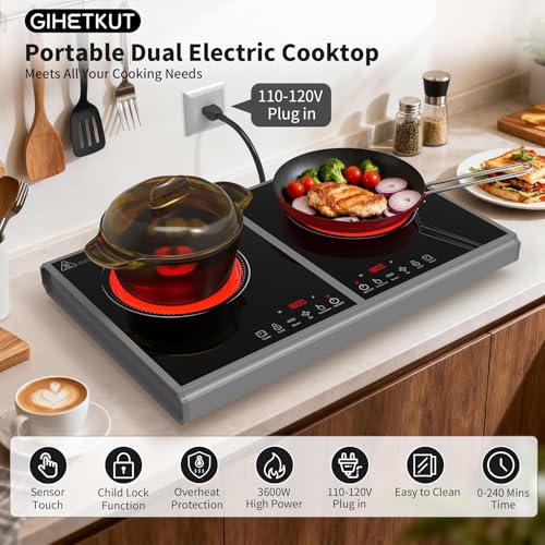 GIHETKUT Electric Cooktop,110V 3600W Stove top, 20 inch Countertop with 9 Power Levels,LED touch control,Overheat Protection,Child Safety Lock & Timer,touch control 2 burner Electric cooktop - size: 2 burner electric cooktop