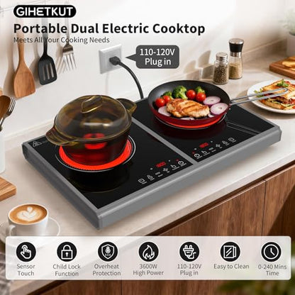 GIHETKUT Electric Cooktop,110V 3600W Stove top, 20 inch Countertop with 9 Power Levels,LED touch control,Overheat Protection,Child Safety Lock & Timer,touch control 2 burner Electric cooktop - size: 2 burner electric cooktop