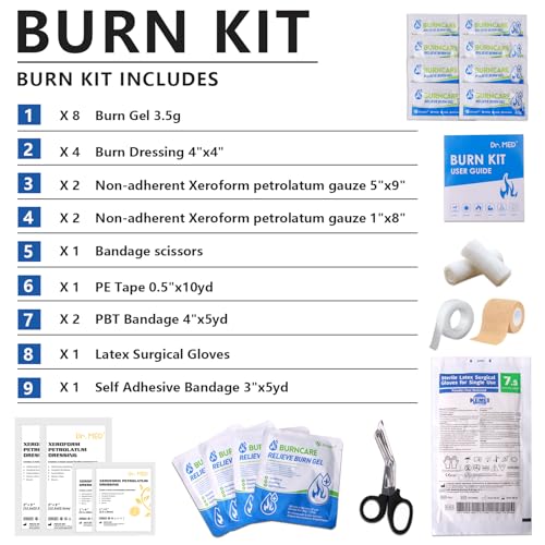 Dr.Med Burn Kit, 4pcs Burn Dressings 4x4”, 8pcs Burn Gel 3.5g, 4pcs Non-Adherent Xeroform Petrolatum Gauze, Burn First Aid Cooling Soothing Cream with Bandage, Latex Surgical Gloves, Scissors, Tape